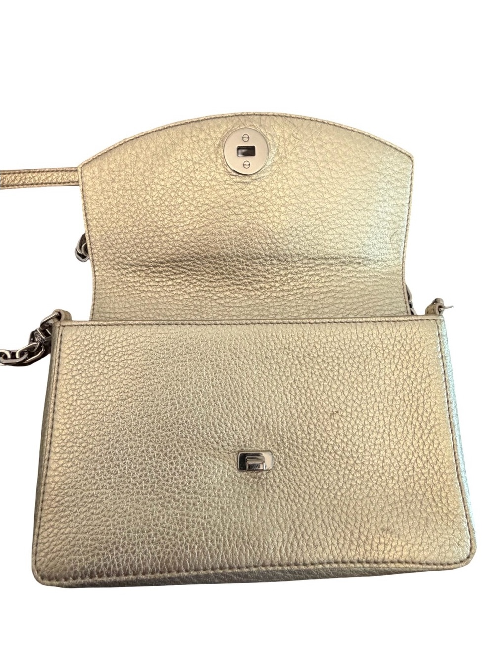 Tory Burch Gold Pebbled Leather With Silver Chain Wallet Crossbody Shoulder Bag - Picture 14 of 16